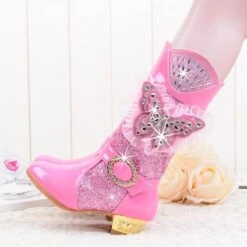 Bottes Princesse Fille 6 Bottes Princesse Fille -Princesse Magique Cosplay Boutique ULKNN Winter Boots Leather Footwears Bow Princess Shoes High Heels Fashion Non slip Solid Casual Girls